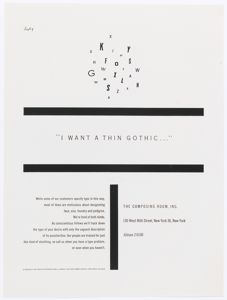 Advertisement, Ad for The Composing Room, Inc.: I Want a Thin Gothic